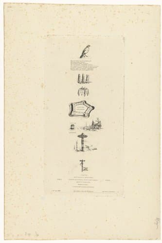 Rebus met acht objecten die samen de tekst Beranger ne fut veritablement fort car il n'eut jamais la clef des champs vormen by Charles Meryon
