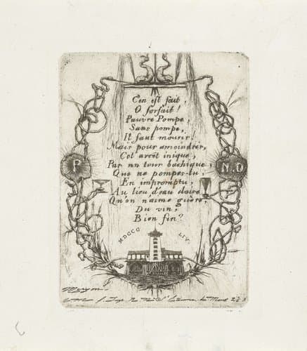Gedicht met kleine versie van pompgebouw Notre-Dame en waterslangen by Charles Meryon