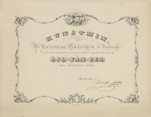 Lidmaatschapsbewijs Vereniging Kunstmin te Dordrecht by anonymous