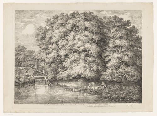 Watermolen bij een grote eik by Johann Christian Reinhart