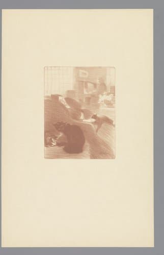 Liggende vrouw op sofa vergezeld door katten by Théophile Alexandre Steinlen