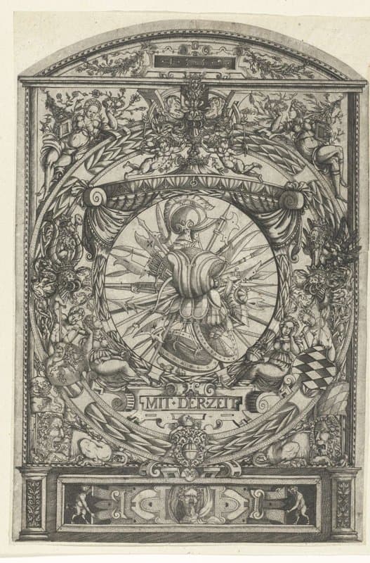 Medaillon met wapentrofee in ornamentale omlijsting by Hieronymus Wechinger