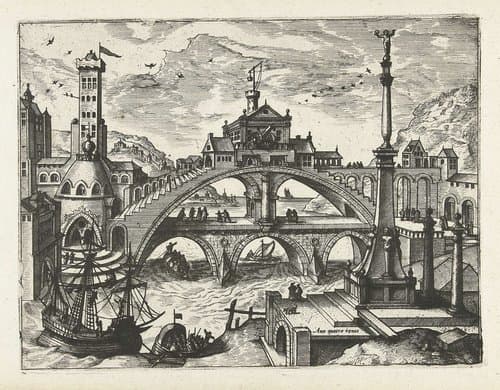 Stad met bebouwde brug