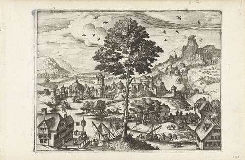 Landschap met stadje aan rivier by Joannes van Doetechum (I)