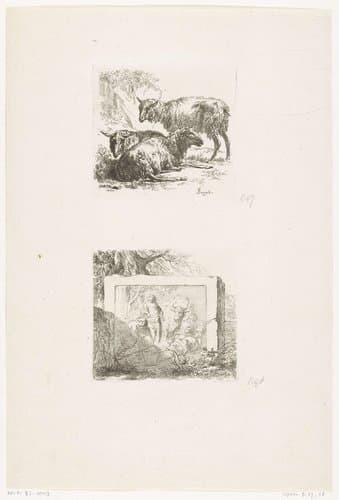Drie schapen en een steenblok met bas-reliëf by anonymous