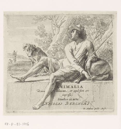 Zittende herder met hond by Nicolaes Pietersz Berchem