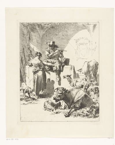 Fluitspelende herder en spinster by anonymous