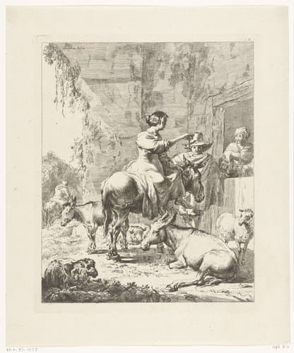 Herderin op ezel bij een herberg by anonymous