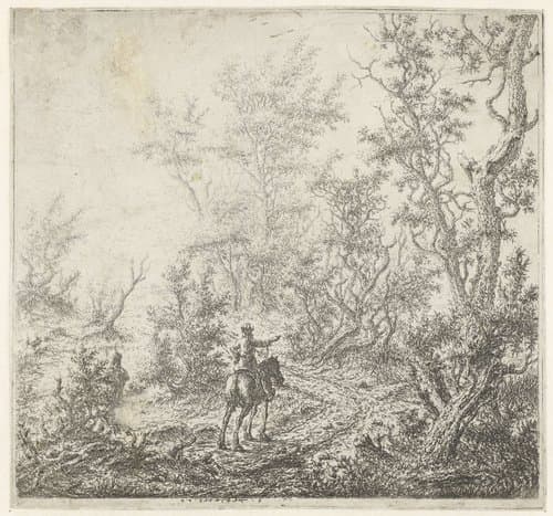 Boslandschap met een ruiter in gesprek met man op pad by Claes van Beresteyn
