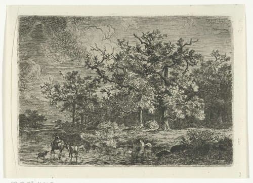 Landschap met bomen en vrouw op ezel in ondiep water by Willem Jan van den Berghe
