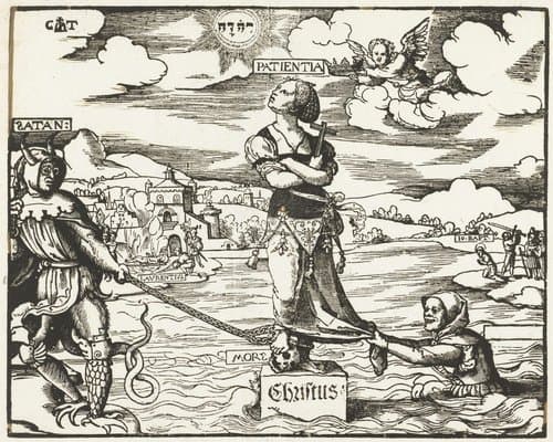Geduld (Patientia) op een steen in het water by Cornelis Anthonisz.