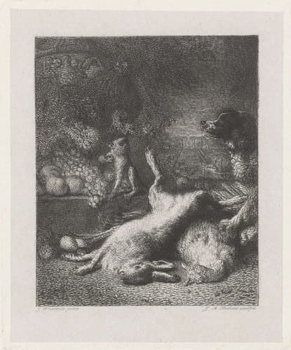 Een aap en een hond bij dood wild en vruchten by Johannes Arnoldus Boland