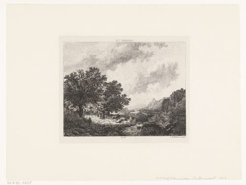 Herders met vee bij een rivier by Johannes Arnoldus Boland