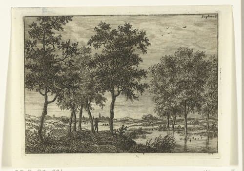 Landschap met jager die op wilde eenden schiet by Ernst Willem Jan Bagelaar