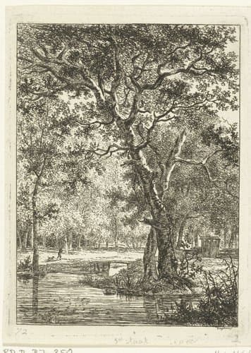 Boslandschap met man en hond bij een brug by Ernst Willem Jan Bagelaar