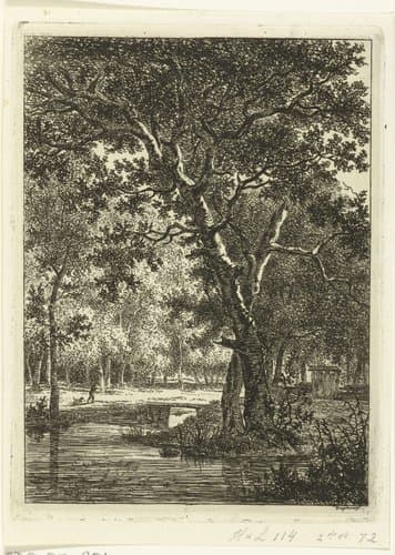 Boslandschap met man en hond bij een brug by Ernst Willem Jan Bagelaar