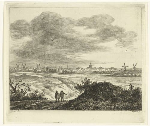 Gezicht op een dorp met molens, op de voorgrond twee wandelaars by Ernst Willem Jan Bagelaar