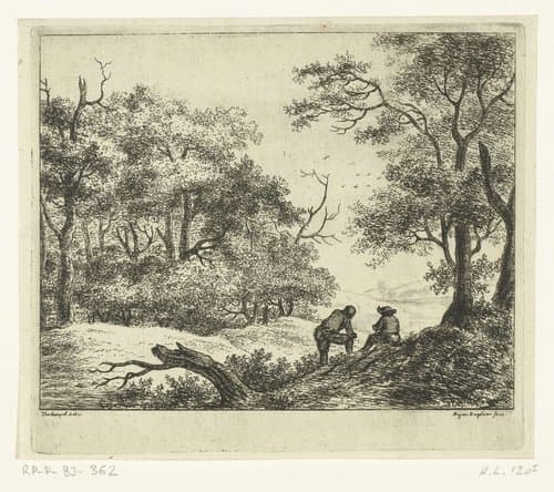 Heuvelachtig landschap met twee rustende wandelaars by Ernst Willem Jan Bagelaar
