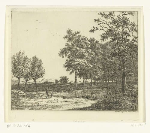 Landschap met een man en een jongetje bij een rivier by Ernst Willem Jan Bagelaar