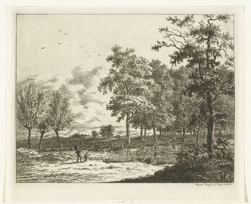 Landschap met een man en een jongetje bij een rivier by Ernst Willem Jan Bagelaar