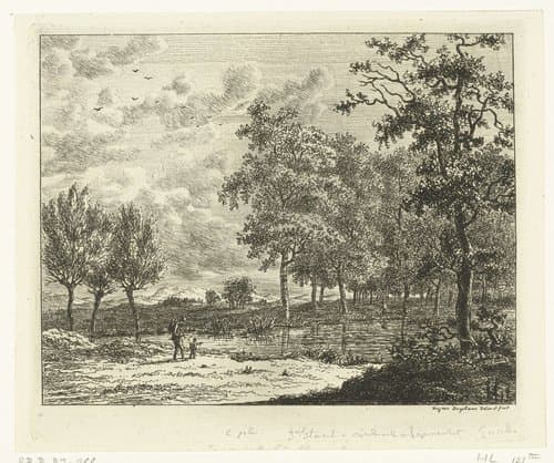 Landschap met een man en een jongetje bij een rivier by Ernst Willem Jan Bagelaar