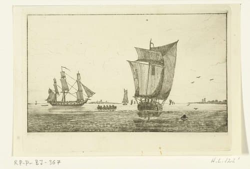 Riviergezicht met zeilschepen en een roeiboot met zeven personen by Ernst Willem Jan Bagelaar