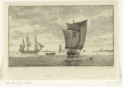 Riviergezicht met zeilschepen en een roeiboot met zeven personen
