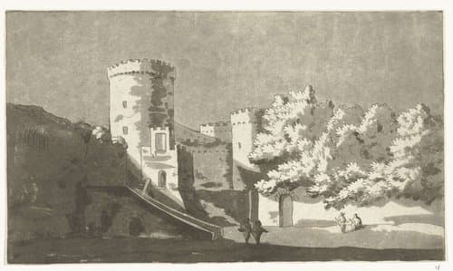 Muur van een burcht met torens by Anthonie van den Bos