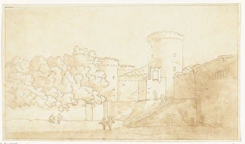 Muur van een burcht met torens by Anthonie van den Bos