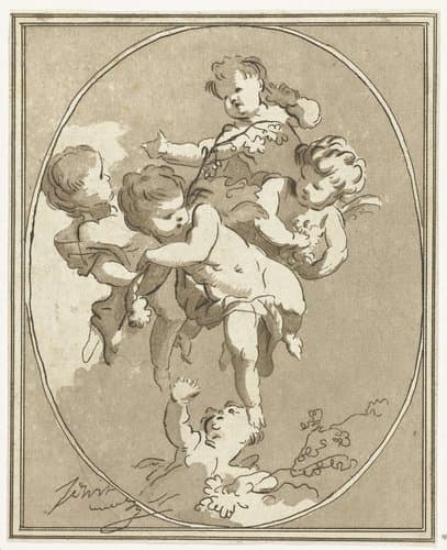 Vijf putti met bloemtakken by Anthonie van den Bos