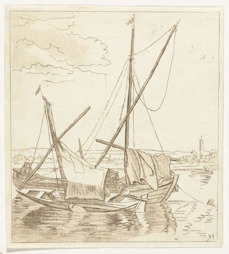 Twee zeilschepen in een rivier by Anthonie van den Bos