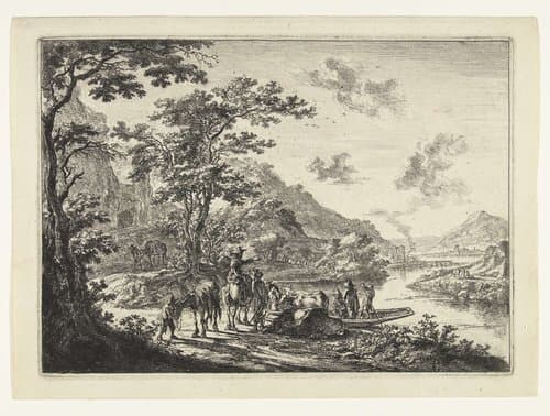 Landschap met veerpont en wachtende reizigers aan oever van de Tiber by Jan Both