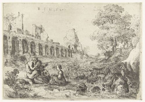 Nimf Corsica en de satyrs zittend in een landschap by Bartholomeus Breenbergh
