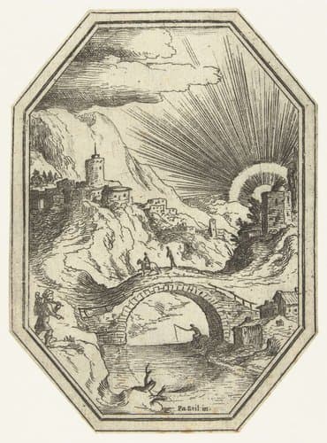 Landschap met stenen brug in octagonaal kader by Paul Bril