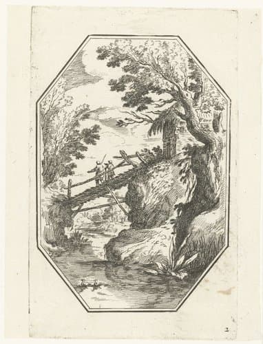 Landschap met houten bruggetje in octagonaal kader by anonymous