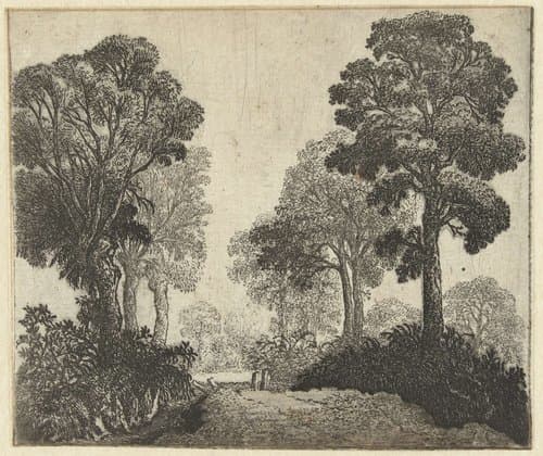 Landschap met bomen langs een pad by Jan van Brosterhuyzen