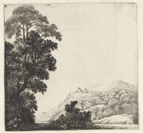 Landschap met ruïne op heuvel