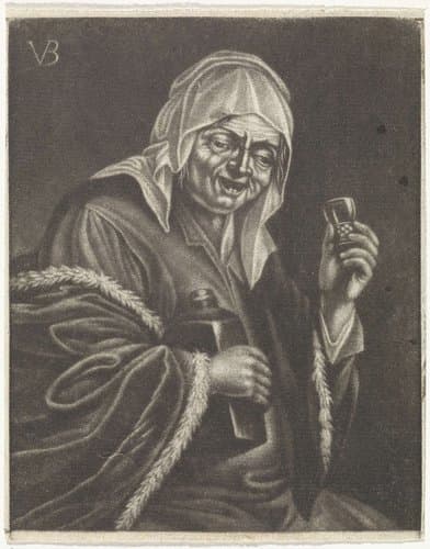 Oude vrouw met fles en glas (variant A) by Jan van der Bruggen