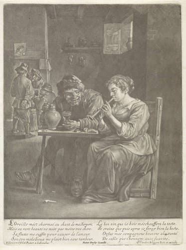Herberg met een fluitspelende vrouw by Jan van der Bruggen