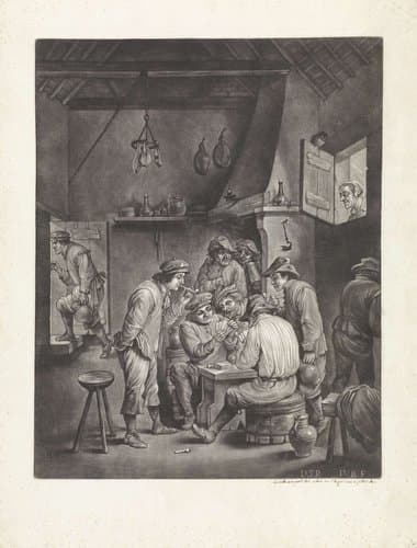 Rokende en kaartspelende boeren in een herberg by Jan van der Bruggen