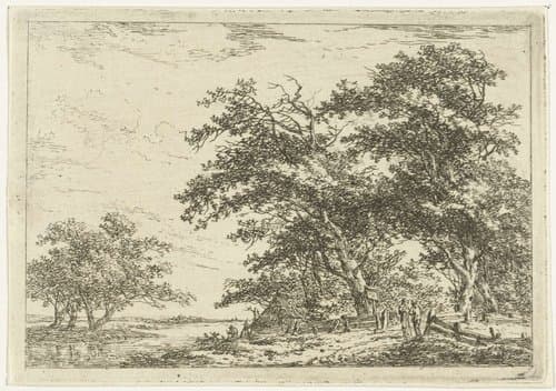 Pratende mannen bij hek aan bosrand by Hermanus van Brussel