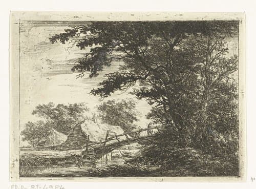 Houten brug bij huizen by Hermanus van Brussel