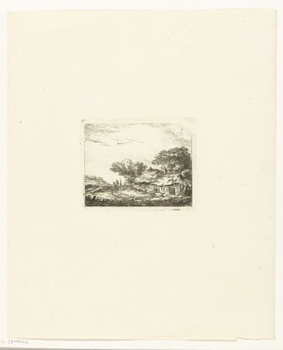 Landschap met twee wandelaars bij een hutje by Hermanus van Brussel