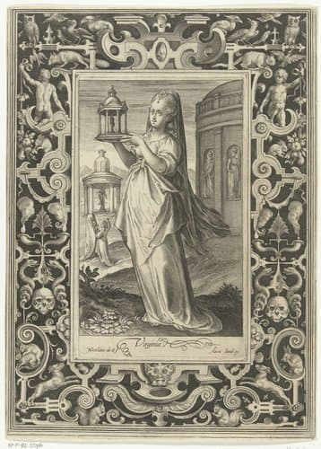 Virginia met model van kleine tempel by Nicolaes de Bruyn