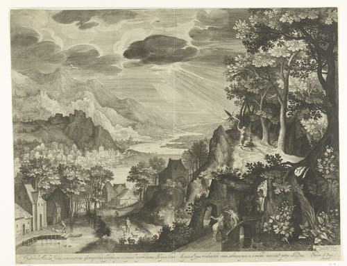 Landschap met het offer van Abraham by Nicolaes de Bruyn