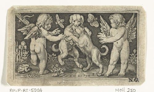 Twee engeltjes aan weerszijden van twee spelende honden by Nicolaes de Bruyn