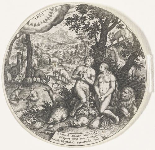 God spreekt met Adam en Eva in het Paradijs by Johann Theodor de Bry