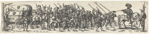 Trek met soldaten en vluchtelingen by Johann Theodor de Bry