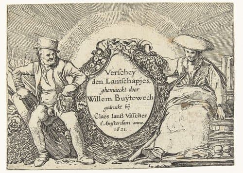 Titelprent met zittende boer en boerin by Willem Pietersz Buytewech