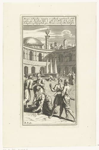 Filosofen zoeken in het zand van de arena naar het poeder van de steen der wijzen by Andries van Buysen (Sr.)